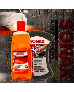 SONAX Σαμπουάν γυαλιστικό συμπυκνωμένο 1L + SONAX Σφουγγάρι πλυσίματος αυτοκινήτου διπλής όψης